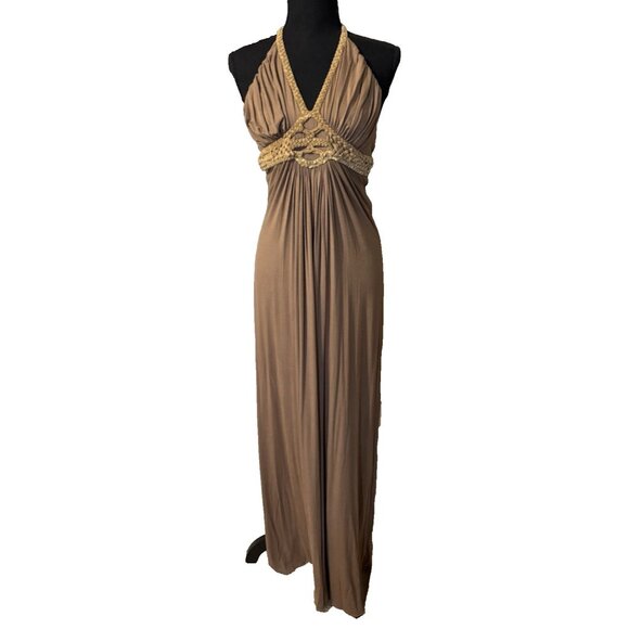 SKY Brand Maxi Dress M Soft Brown Suede Braid Trim Stretch Long NEW - Picture 1 of 12